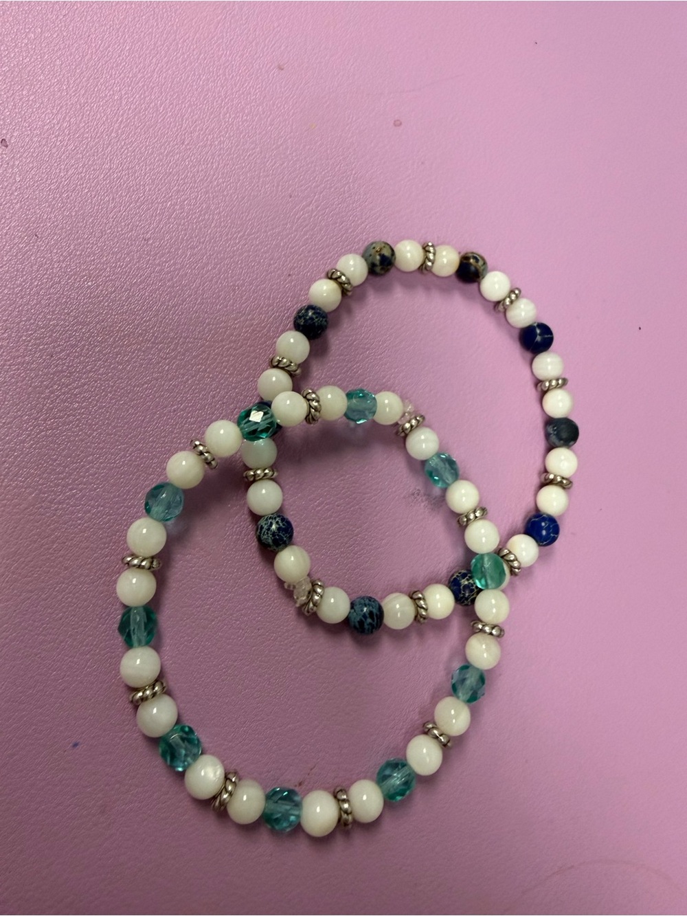White and Teal Beaded Stretch Bracelet Set - Women Jewelry